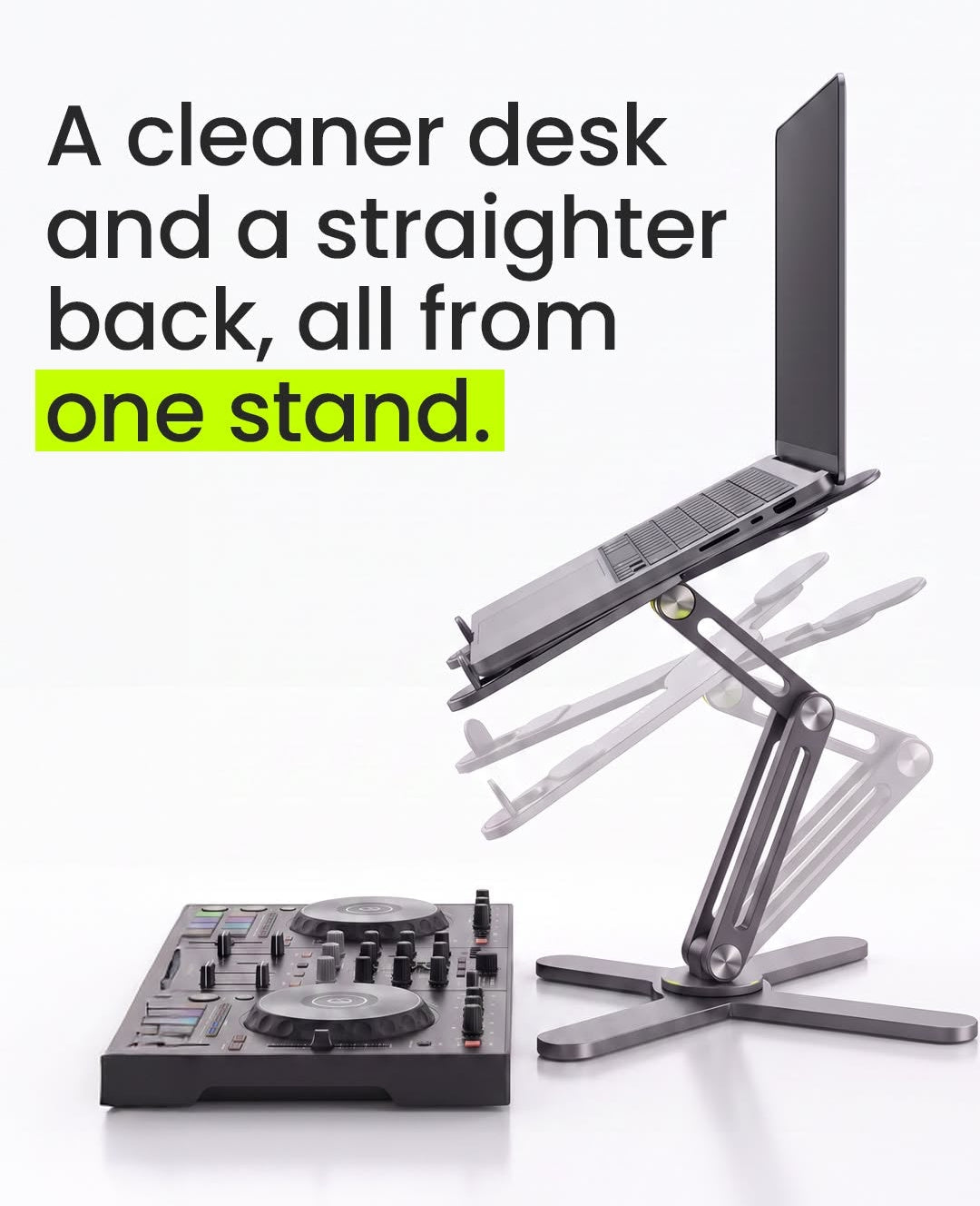 Model-X 2.0 stand locked in place above a DJ mixer, laptop raised to eye level