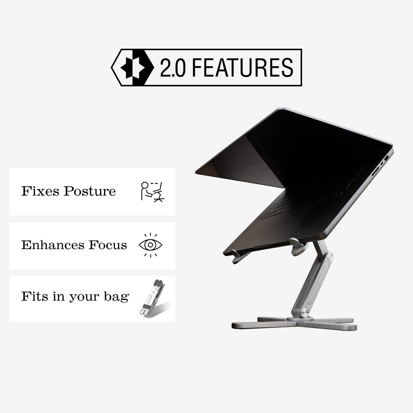 background: #f5f5f5;
background: linear-gradient(90deg, rgba(245, 245, 245, 1) 23%, rgba(182, 188, 191, 1) 100%);

Black laptop stand with features listed on a white background
