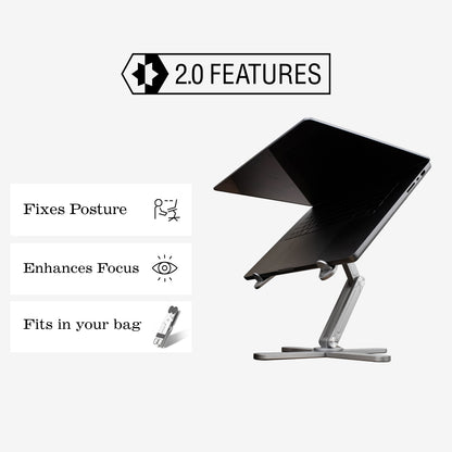 background: #f5f5f5;
background: linear-gradient(90deg, rgba(245, 245, 245, 1) 23%, rgba(182, 188, 191, 1) 100%);

Black laptop stand with features listed on a white background