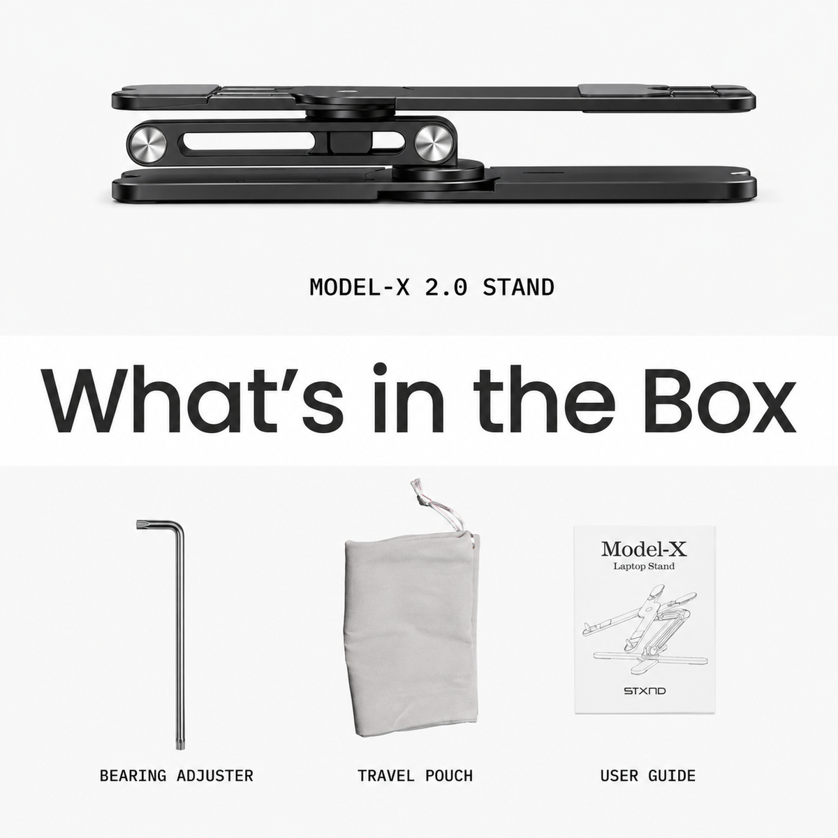Model-X 2.0 stand, bearing adjuster, travel pouch and user guide