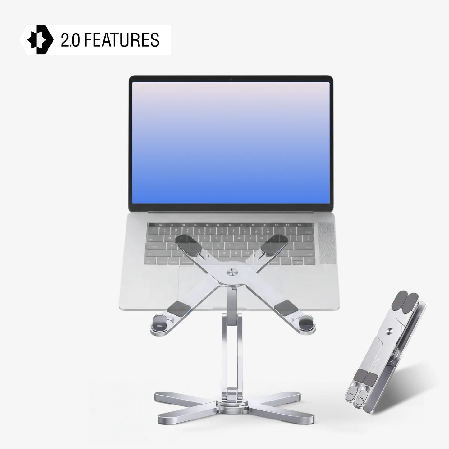 background: #f5f5f5;
background: linear-gradient(90deg, rgba(245, 245, 245, 1) 23%, rgba(182, 188, 191, 1) 100%);

Black laptop stand with features listed on a white background